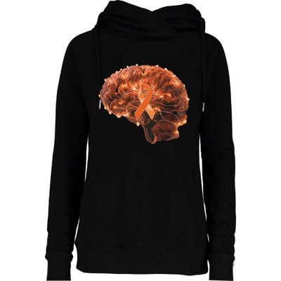 Brain Art Orange Ribbon Multiple Sclerosis Awareness Gift Womens Funnel Neck Pullover Hood