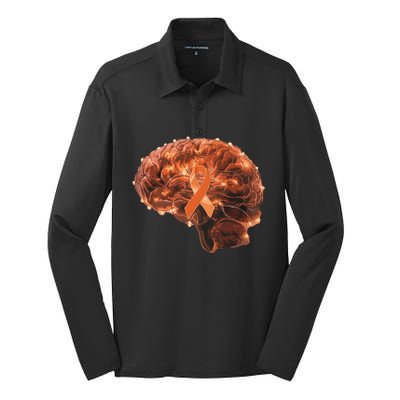 Brain Art Orange Ribbon Multiple Sclerosis Awareness Gift Silk Touch Performance Long Sleeve Polo