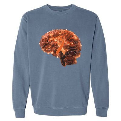 Brain Art Orange Ribbon Multiple Sclerosis Awareness Gift Garment-Dyed Sweatshirt