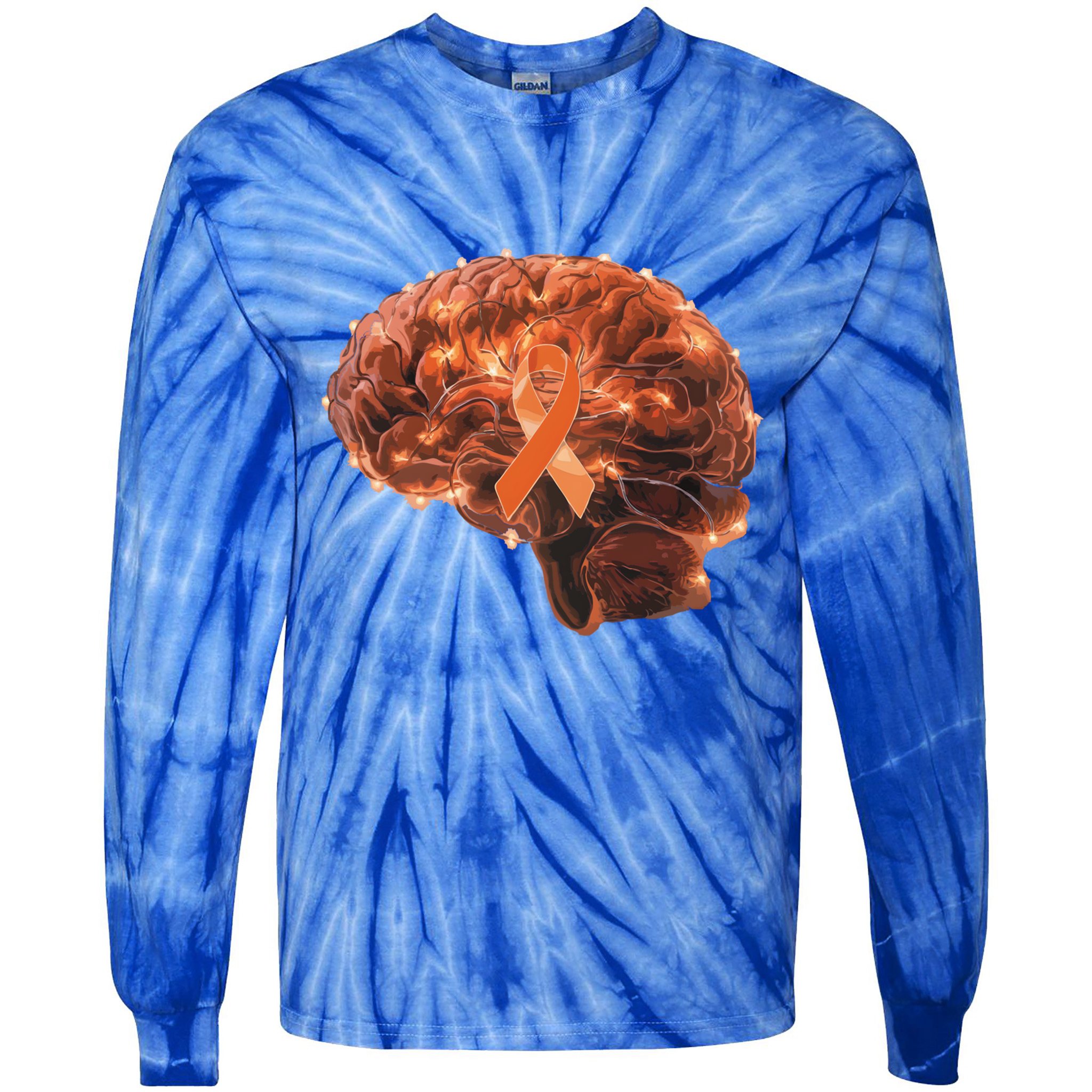 Brain Art Orange Ribbon Multiple Sclerosis Awareness Gift Tie-Dye Long Sleeve Shirt
