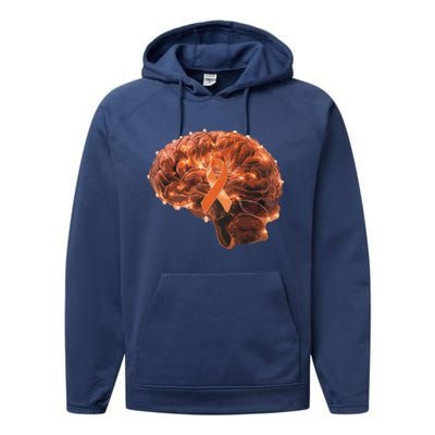 Brain Art Orange Ribbon Multiple Sclerosis Awareness Gift Performance Fleece Hoodie