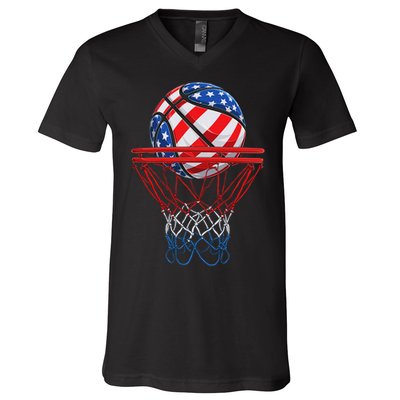 Basketball American Patriotic 4th Of July Us Flag V-Neck T-Shirt