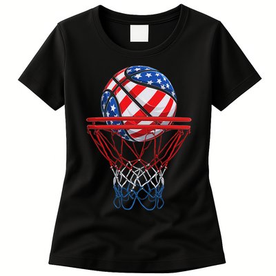 Basketball American Patriotic 4th Of July Us Flag Womens T-Shirt