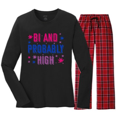 Bi And Probably High Bisexual Pothead Weed Weed Lovers Gift Women's Long Sleeve Flannel Pajama Set 