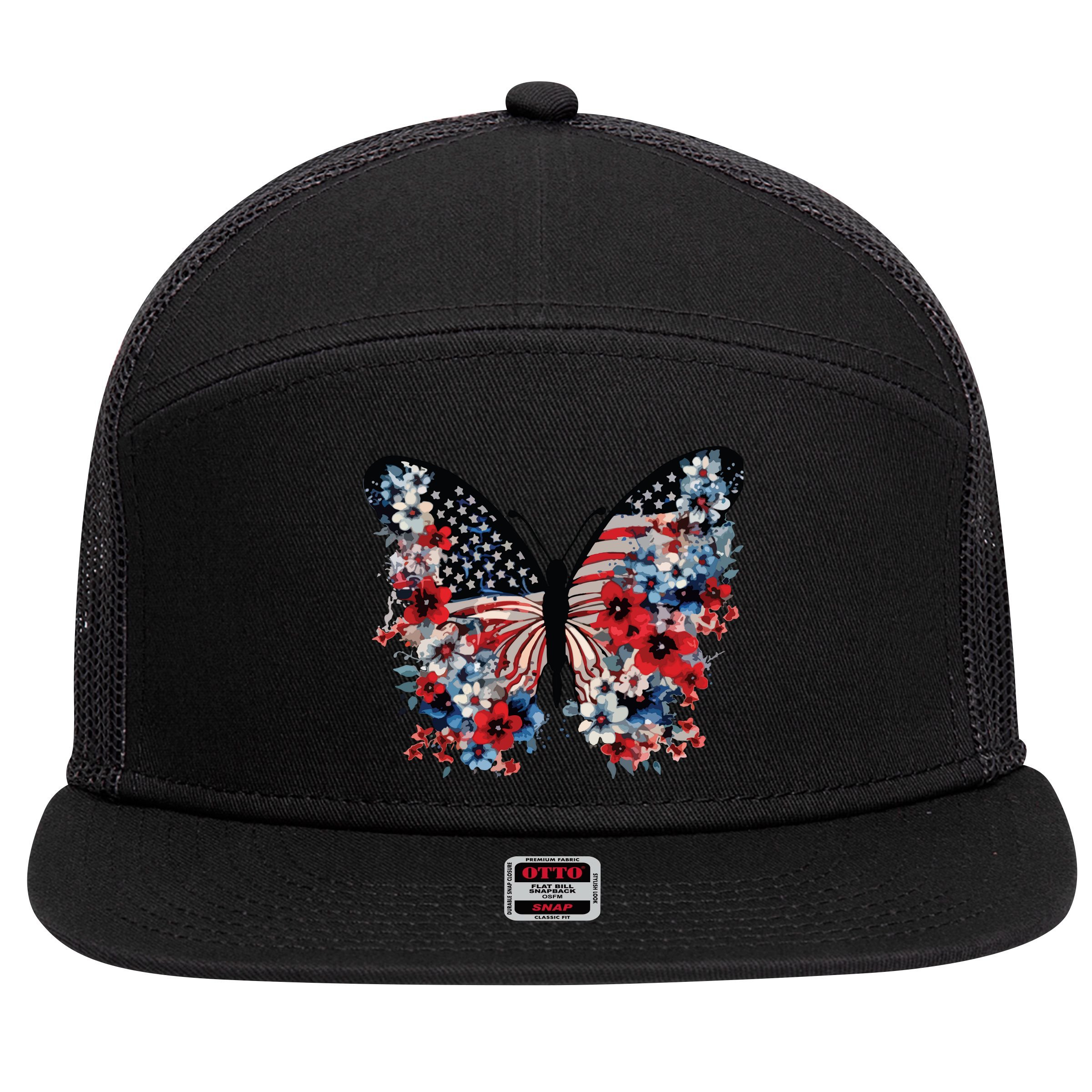 Butterfly America Patriotic 4th Of July 7 Panel Mesh Trucker Snapback Hat