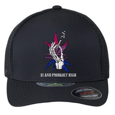 Bi And Probably High Skeleton Weed Cannabis 420 Stoner Flexfit Unipanel Trucker Cap