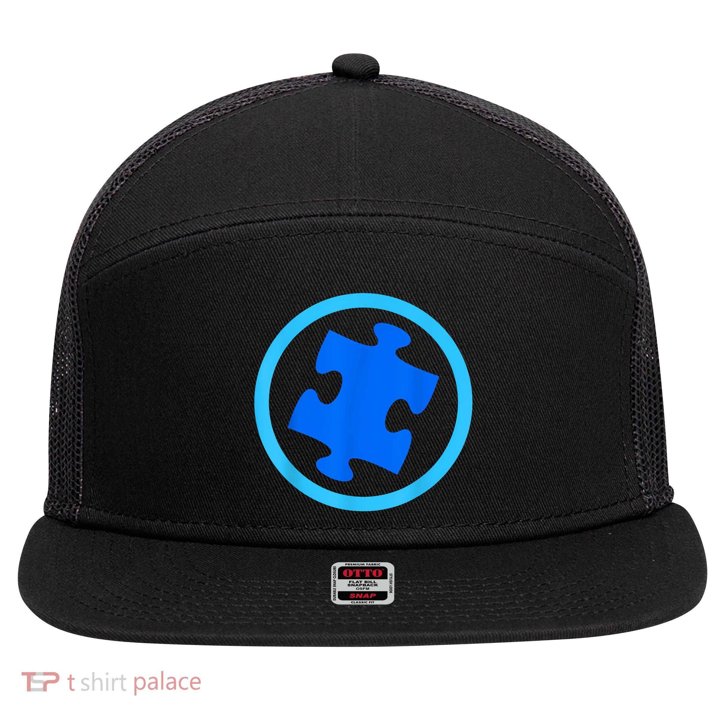 Blue Autism Puzzle for Autism Awareness 7 Panel Mesh Trucker Snapback Hat