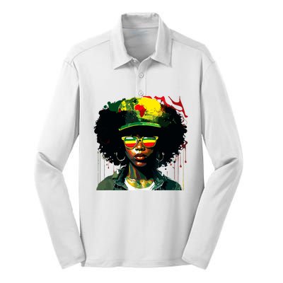 Black Afro Queen Melanin Dripping African Juneteenth Silk Touch Performance Long Sleeve Polo