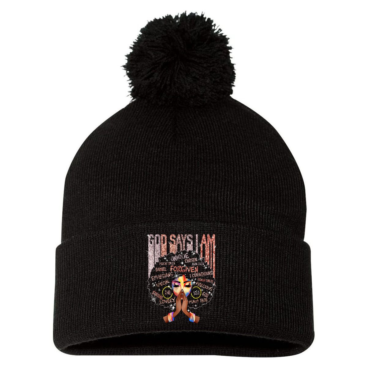 Black Afro Queen Melanin Dripping African Womens Juneteenth Pom Pom 12in Knit Beanie