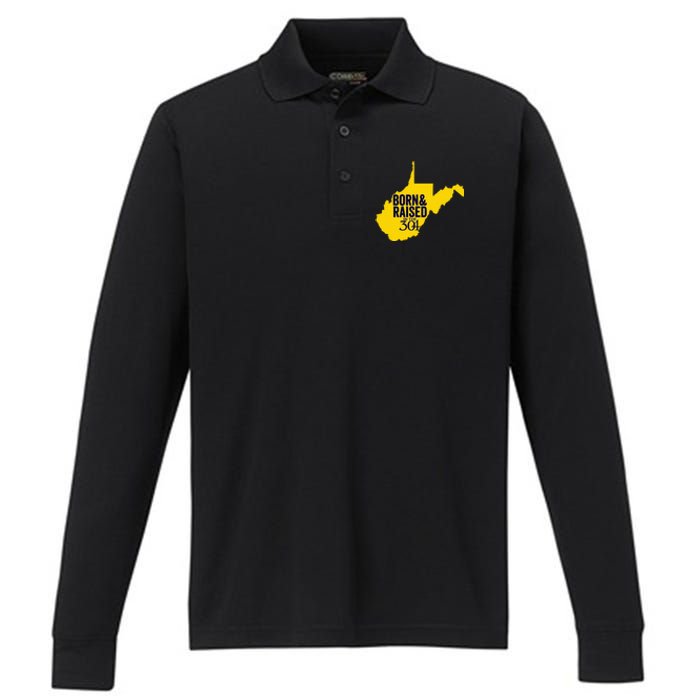 Born And Raised In The 304 West Virginia State Map Performance Long Sleeve Polo