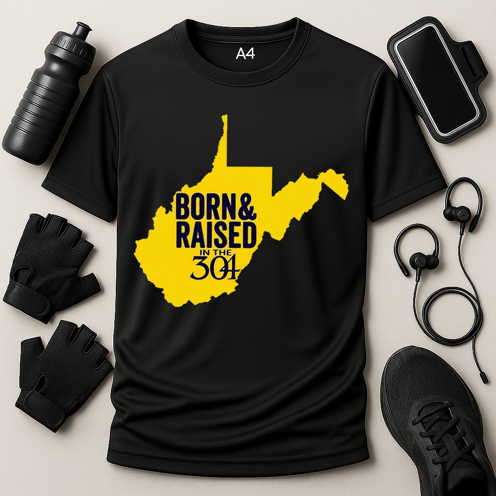 Born And Raised In The 304 West Virginia State Map Cooling Performance Crew T-Shirt
