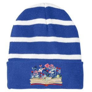 Bookworm Avid Reader Flowers Literature Meaningful Gift Book Reading Gift Striped Beanie with Solid Band