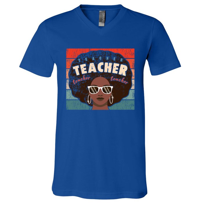 Black Afro Retro Black History Month Teacher Funny Gift V-Neck T-Shirt