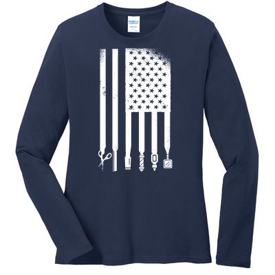 Barber Hair Style USA Flag Ladies Long Sleeve Shirt