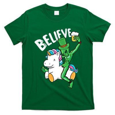 Believe Alien St Patricks Day Ing Unicorn Irish Funny Gift T-Shirt