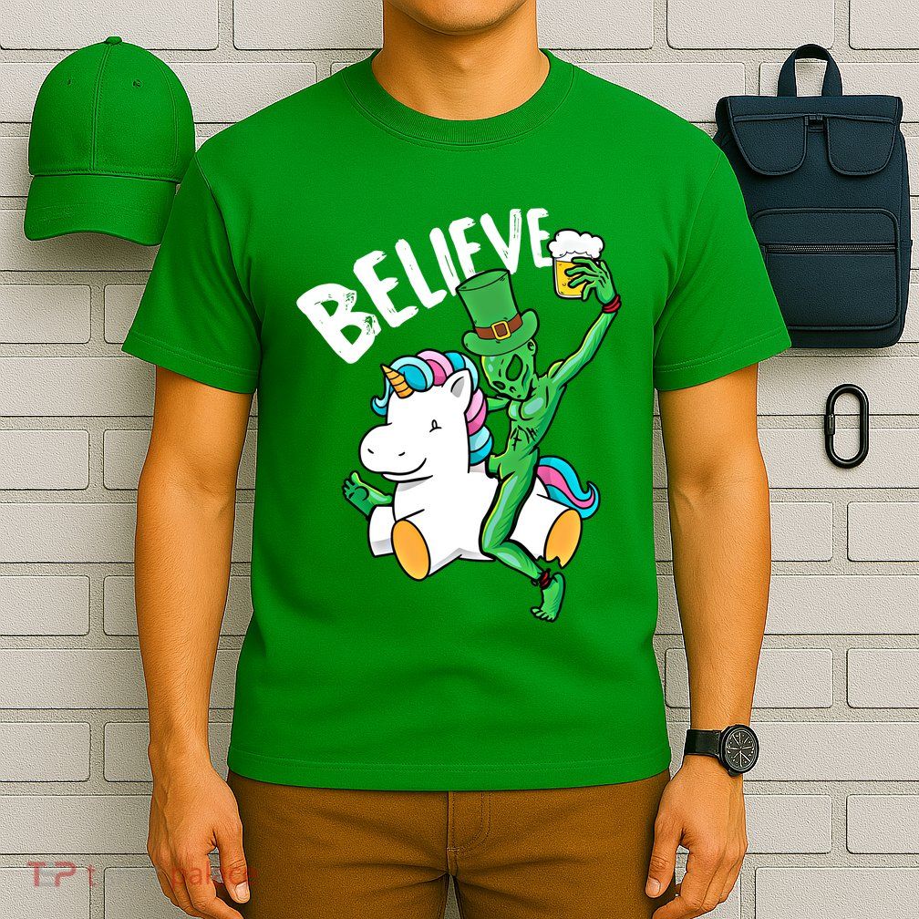Believe Alien St Patricks Day Ing Unicorn Irish Funny Gift T-Shirt
