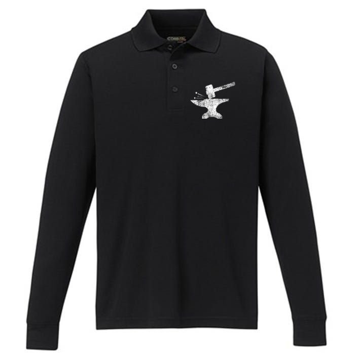 Blacksmith Anvil Striking Distressed Vintage Performance Long Sleeve Polo