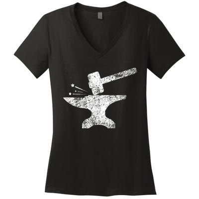 Blacksmith Anvil Striking Distressed Vintage Women's V-Neck T-Shirt