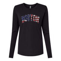 Boston Arched Style Text American Flag Pattern Womens Cotton Relaxed Long Sleeve T-Shirt