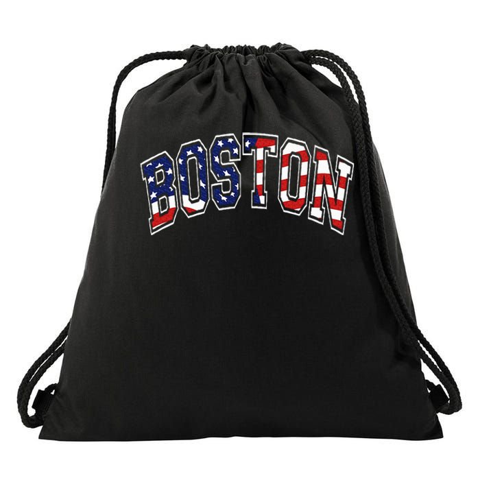 Boston Arched Style Text American Flag Pattern Drawstring Bag