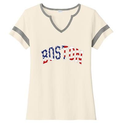 Boston Arched Style Text American Flag Pattern Ladies Halftime Notch Neck Tee