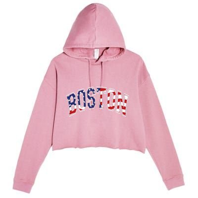 Boston Arched Style Text American Flag Pattern Crop Fleece Hoodie