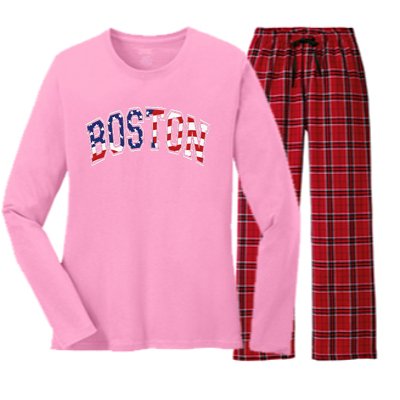 Boston Arched Style Text American Flag Pattern Women's Long Sleeve Flannel Pajama Set 