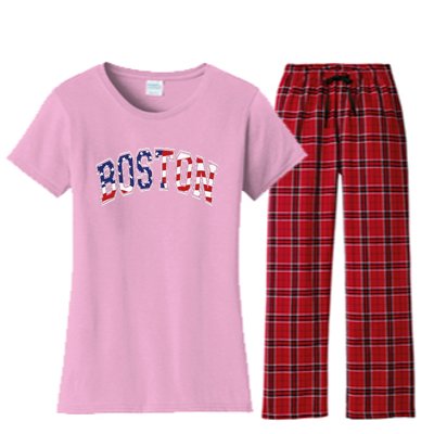 Boston Arched Style Text American Flag Pattern Women's Flannel Pajama Set