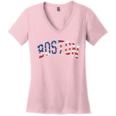 Boston Arched Style Text American Flag Pattern Women's V-Neck T-Shirt