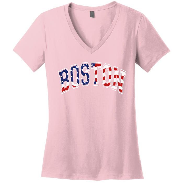 Boston Arched Style Text American Flag Pattern Women's V-Neck T-Shirt