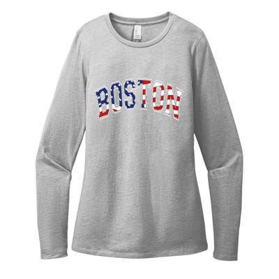 Boston Arched Style Text American Flag Pattern Womens CVC Long Sleeve Shirt