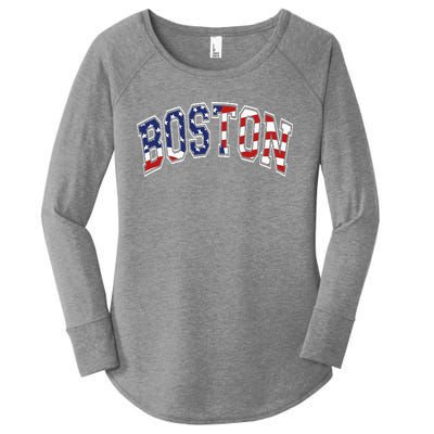 Boston Arched Style Text American Flag Pattern Women's Perfect Tri Tunic Long Sleeve Shirt