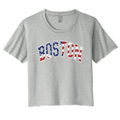 Boston Arched Style Text American Flag Pattern Women's Crop Top Tee