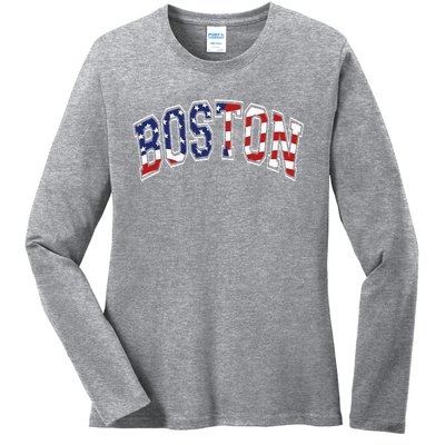 Boston Arched Style Text American Flag Pattern Ladies Long Sleeve Shirt