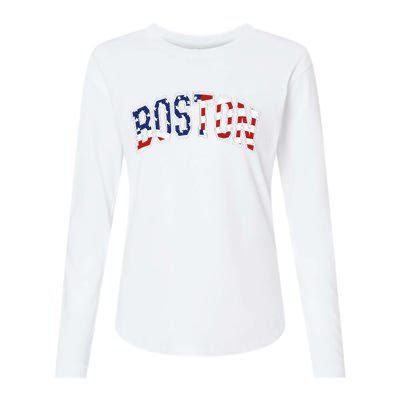 Boston Arched Style Text American Flag Pattern Womens Cotton Relaxed Long Sleeve T-Shirt