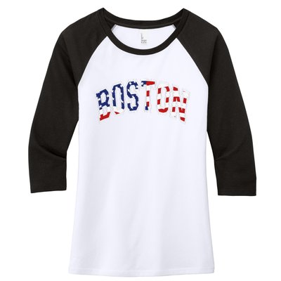 Boston Arched Style Text American Flag Pattern Women's Tri-Blend 3/4-Sleeve Raglan Shirt