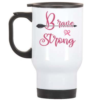 Brave And Strong Breast Cancer Survivor Pink Ribbon Gift Stainless Steel Travel Mug