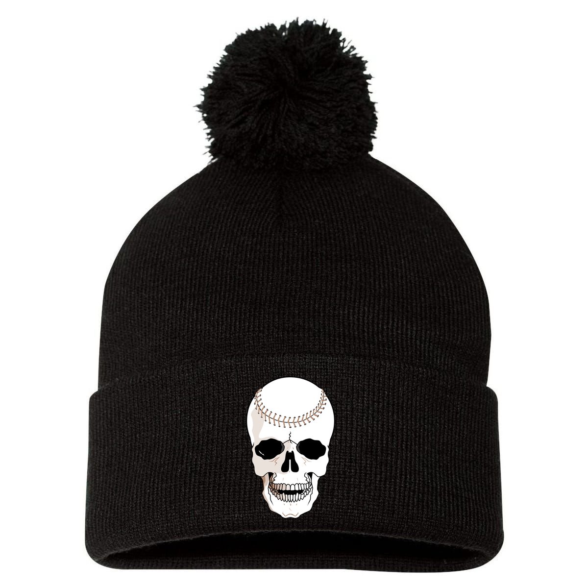 Baseball Face Skeleton Skull Pom Pom 12in Knit Beanie