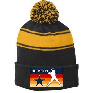 Baseball Player Silhouette Houston Flag Stripe Pom Pom Beanie