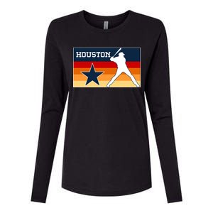 Baseball Player Silhouette Houston Flag Womens Cotton Relaxed Long Sleeve T-Shirt