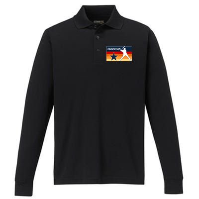 Baseball Player Silhouette Houston Flag Performance Long Sleeve Polo