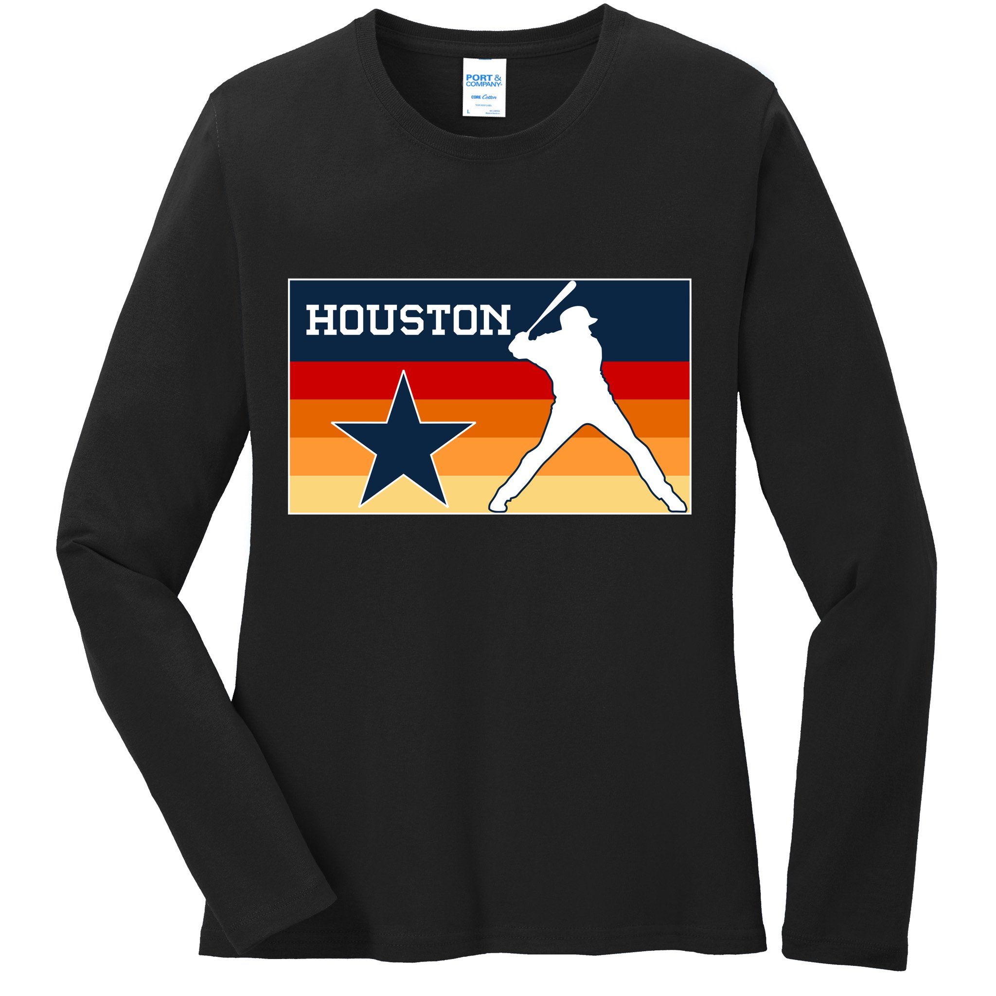 Baseball Player Silhouette Houston Flag Ladies Long Sleeve Shirt