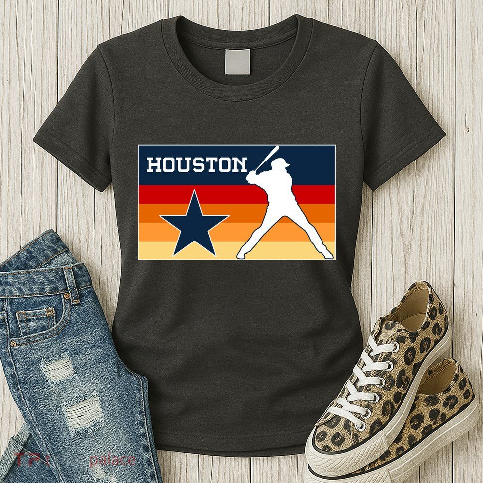 Baseball Player Silhouette Houston Flag Womens T-Shirt