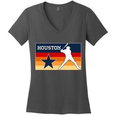 Baseball Player Silhouette Houston Flag Women's V-Neck T-Shirt