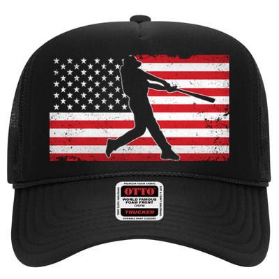 Baseball Player USA American Flag High Crown Mesh Back Trucker Hat