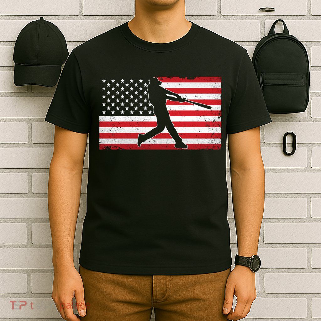Baseball Player USA American Flag T-Shirt