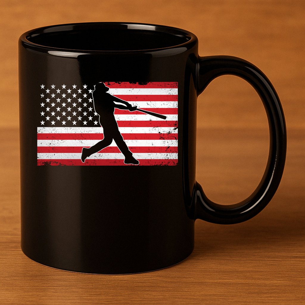 Baseball Player USA American Flag 11oz C Handle Ceramic Mug