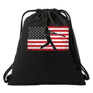 Baseball Player USA American Flag Drawstring Bag