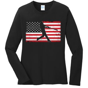 Baseball Player USA American Flag Ladies Long Sleeve Shirt