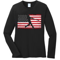 Baseball Player USA American Flag Ladies Long Sleeve Shirt